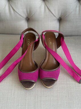 NWT CORI Pink Ankle Tie Wedge Sandals Brazil 34 US 6